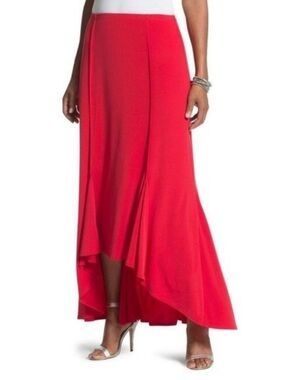 Chico’s Red Midi Pull-On Skirt Size 4 XXL Flowy Stretch Asymmetrical Holiday